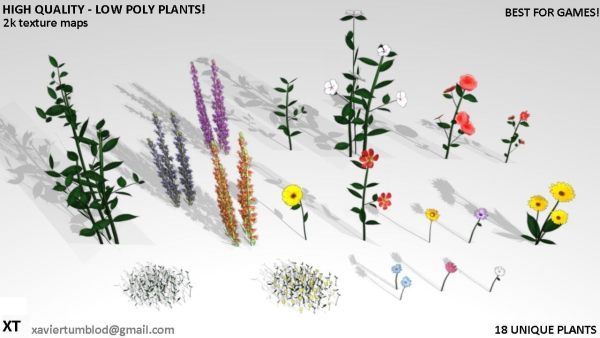 18 Ultra Low poly flowers and plants