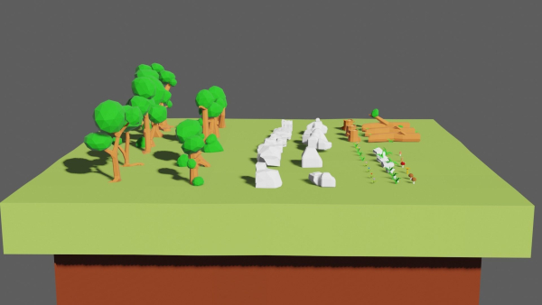 3d model low-poly trees rocks flowers mushrooms grass
