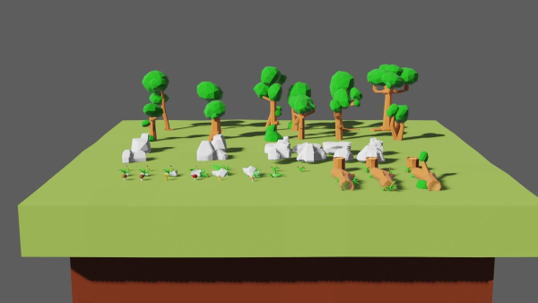 3d model low-poly trees rocks flowers mushrooms grass