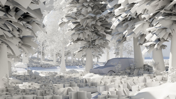 Abandoned Car in Forest Scene