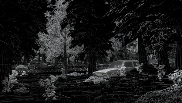 Abandoned Car in Forest Scene