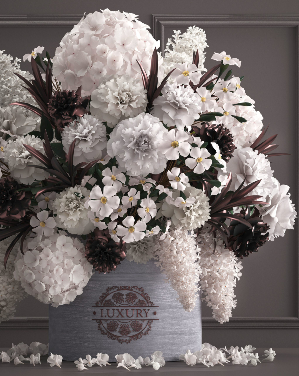 Bouquet white of flowers in a gift box