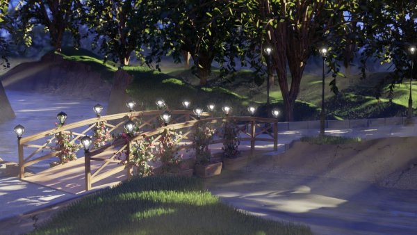 Bridge in woods with lights