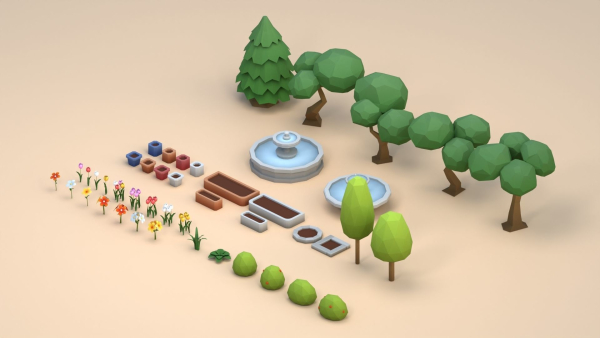 Cartoon Low Poly Trees Flowers Pack