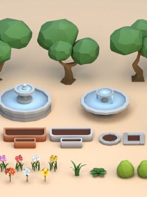 Cartoon Low Poly Trees Flowers Pack