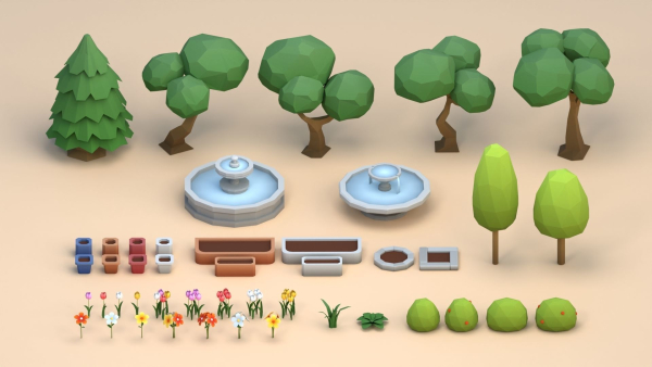 Cartoon Low Poly Trees Flowers Pack