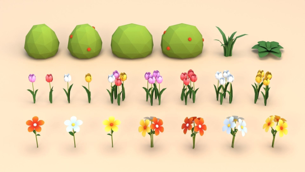 Cartoon Low Poly Trees Flowers Pack
