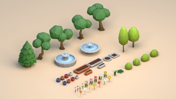 Cartoon Low Poly Trees Flowers Pack