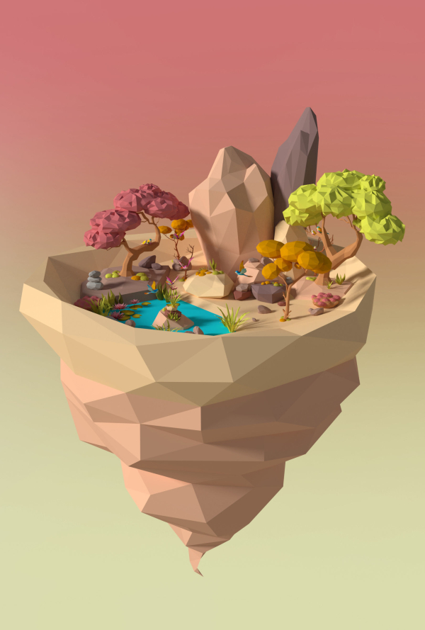 Cartoon Style Floating Island -Spring -LOW POLY