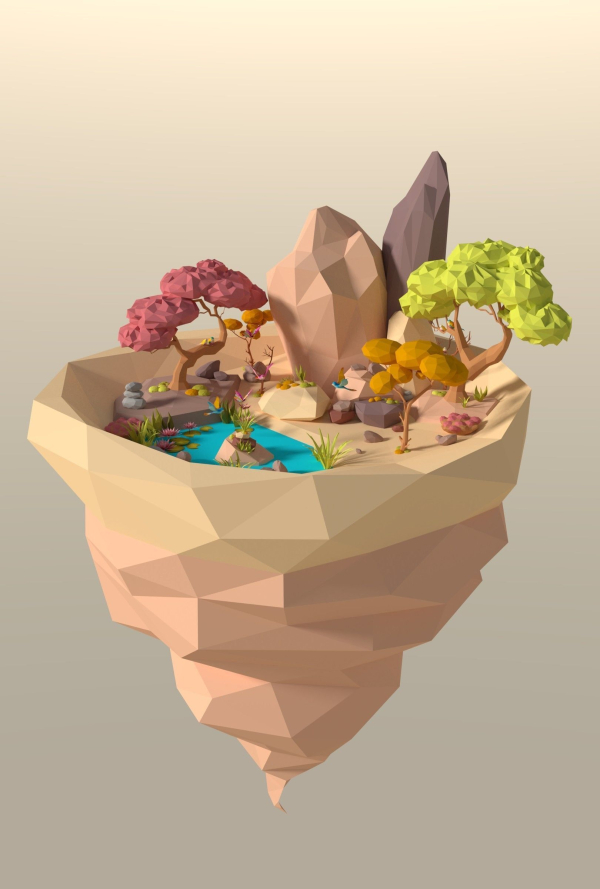 Cartoon Style Floating Island -Spring -LOW POLY