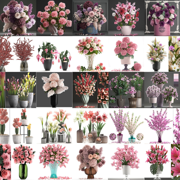 Collection of pink flower bouquets in vases 40 pieces