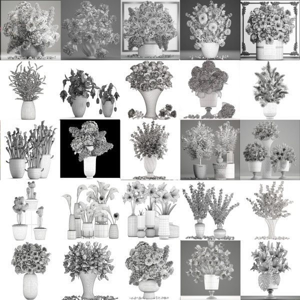 Collection of pink flower bouquets in vases 40 pieces