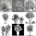 Collection of pink flower bouquets in vases 40 pieces