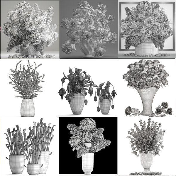 Collection of pink flower bouquets in vases 40 pieces