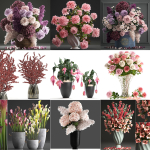 Collection of pink flower bouquets in vases 40 pieces