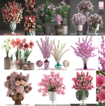 Collection of pink flower bouquets in vases 40 pieces