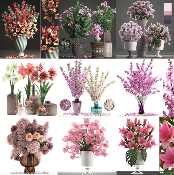 Collection of pink flower bouquets in vases 40 pieces