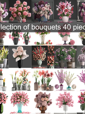 Collection of pink flower bouquets in vases 40 pieces