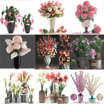 Collection of pink flower bouquets in vases 40 pieces