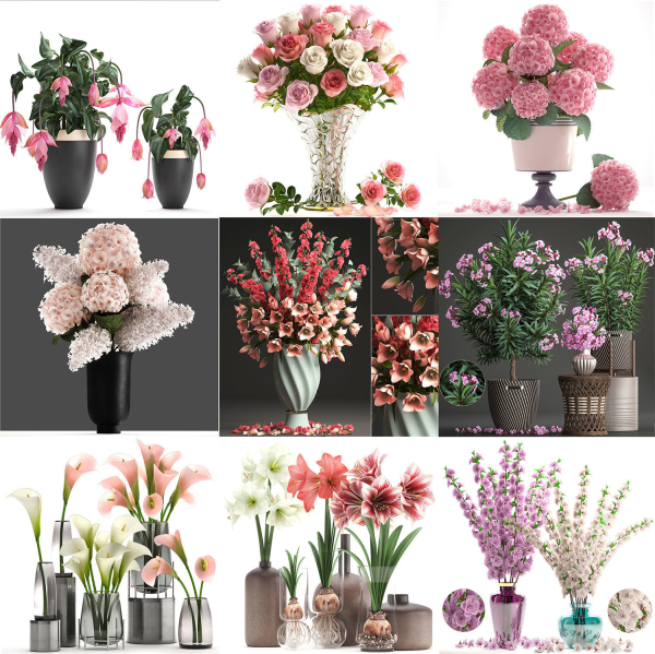 Collection of pink flower bouquets in vases 40 pieces