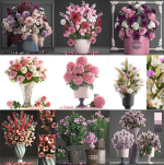 Collection of pink flower bouquets in vases 40 pieces