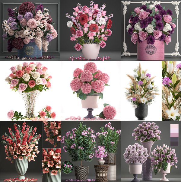 Collection of pink flower bouquets in vases 40 pieces