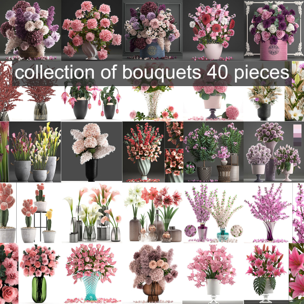 Collection of pink flower bouquets in vases 40 pieces