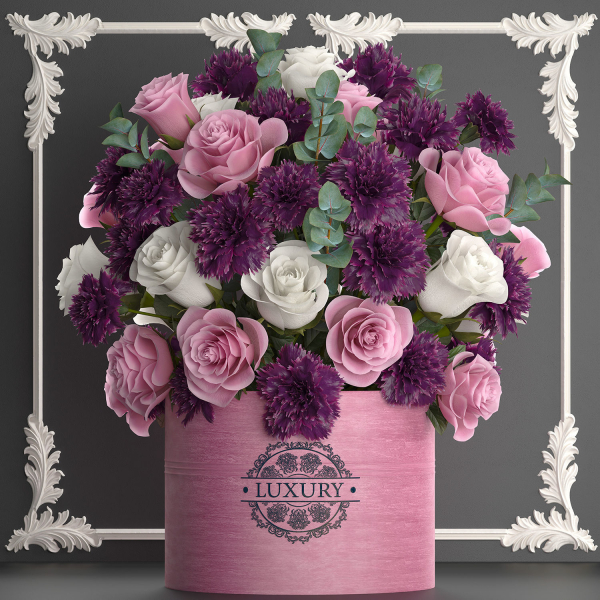 Collection of pink flower bouquets in vases 40 pieces