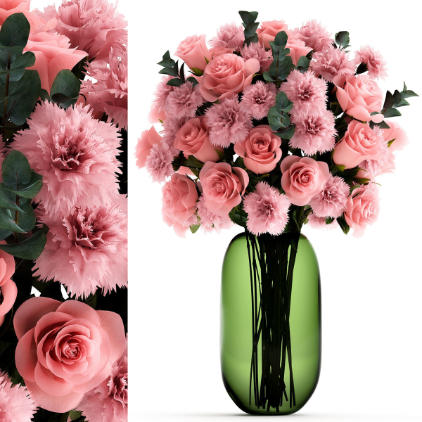 Collection of pink flower bouquets in vases 40 pieces