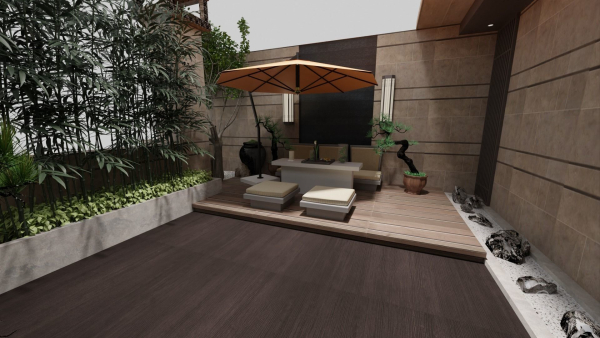 Courtyard patio with orange umbrella