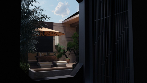 Courtyard patio with orange umbrella