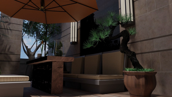 Courtyard patio with orange umbrella