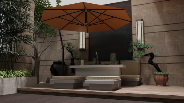 Courtyard patio with orange umbrella