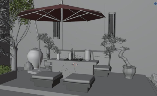 Courtyard patio with orange umbrella