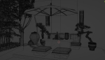 Courtyard patio with orange umbrella
