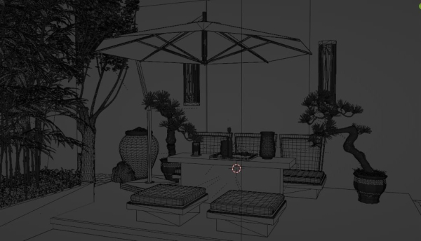 Courtyard patio with orange umbrella