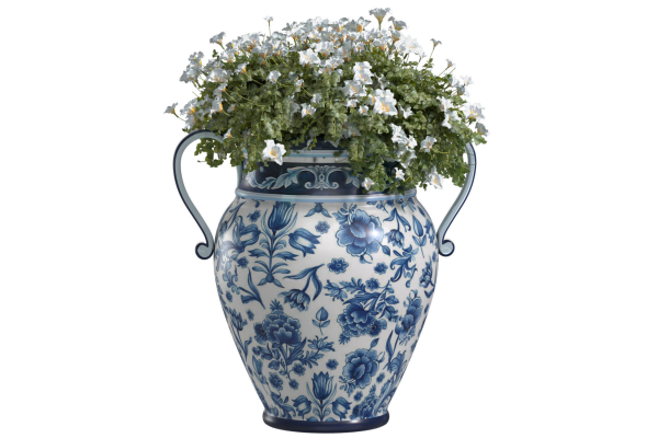 Flower bed of white flowers in Italian vase by Santorini Garden