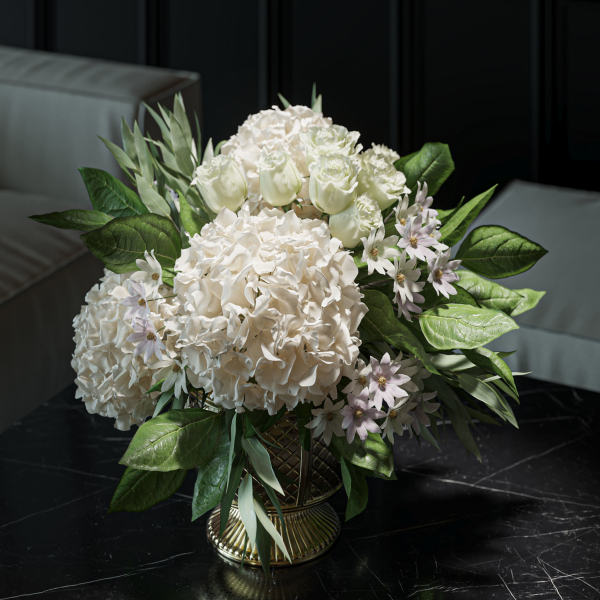 Flower Set 043 white hydrangea gold vase