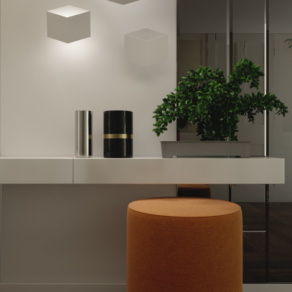 hallway modern entryway with walls and orange ottoman
