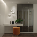 hallway modern entryway with walls and orange ottoman