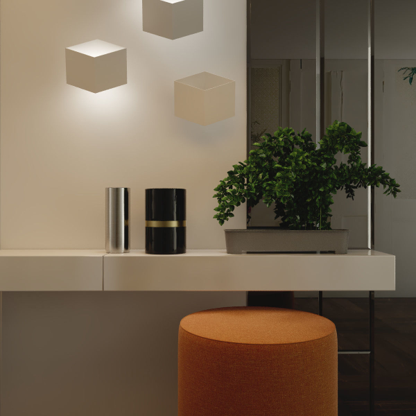hallway modern entryway with walls and orange ottoman