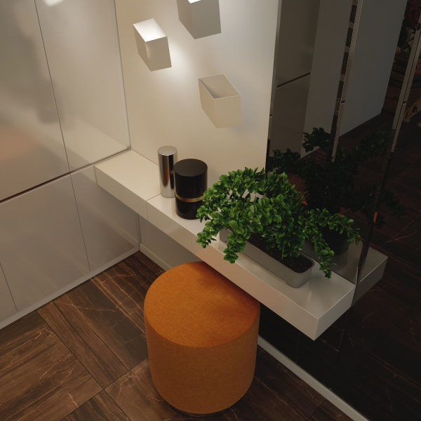 hallway modern entryway with walls and orange ottoman
