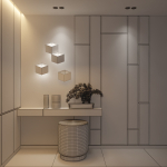 hallway modern entryway with walls and orange ottoman