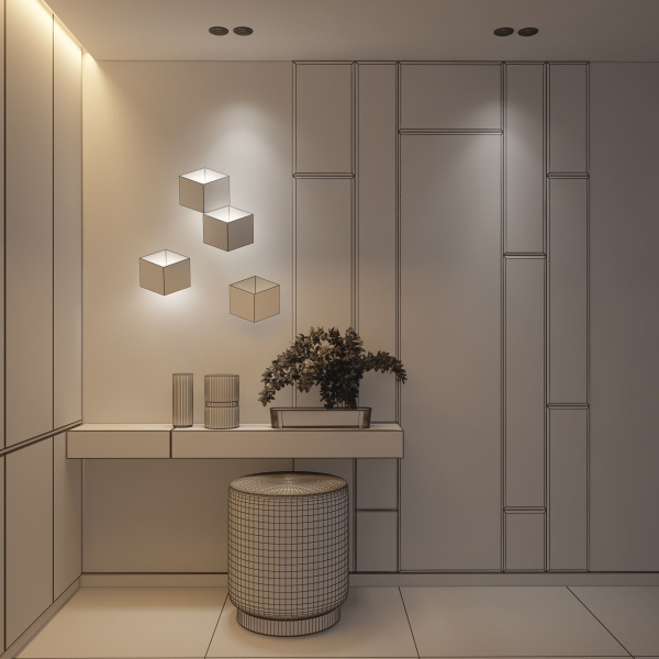 hallway modern entryway with walls and orange ottoman