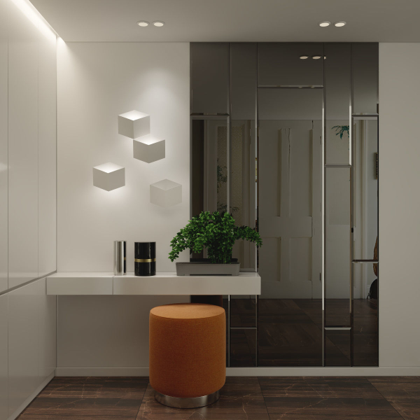 hallway modern entryway with walls and orange ottoman