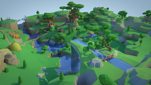 Low Poly Forest Scene with Tree Houses