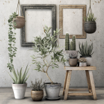 Plants potted on wooden stool
