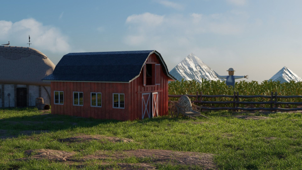Stylized farm house village scene landscape