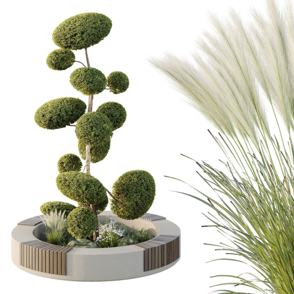 Urban environment set of green plant benches 10