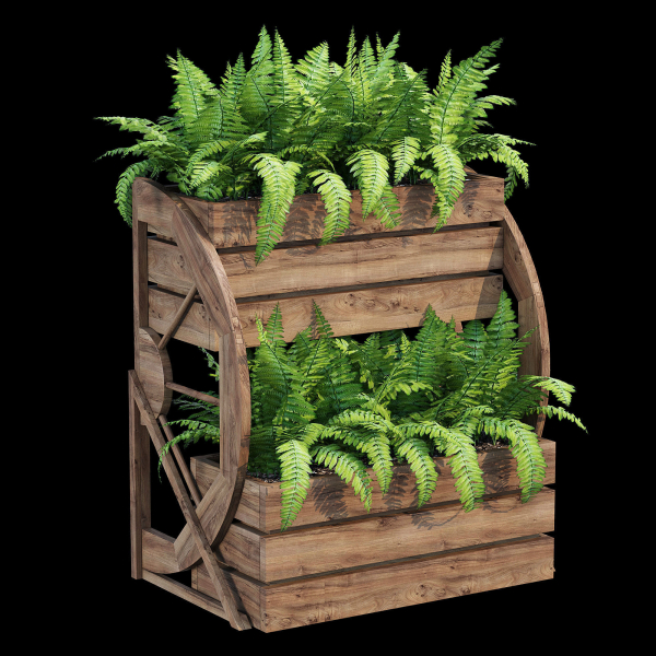 Wagon wooden planter with ferns in it